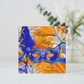 Masquerade Party Birthday Party Blue Sinaasappel Kaart (Staand voorkant)