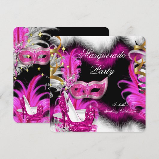 Masquerade Party Birthday Pink Black White 2 Kaart (Voorkant / Achterkant)