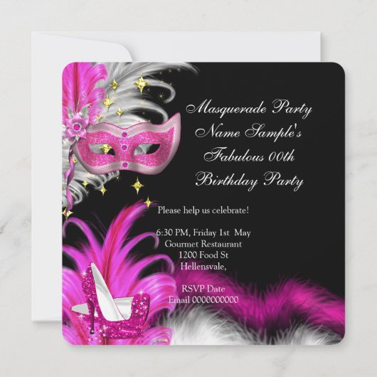 Masquerade Party Birthday Pink Black White 2 Kaart (Achterkant)