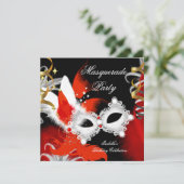 Masquerade Party Birthday Red Mask Black White 2 Kaart (Staand voorkant)