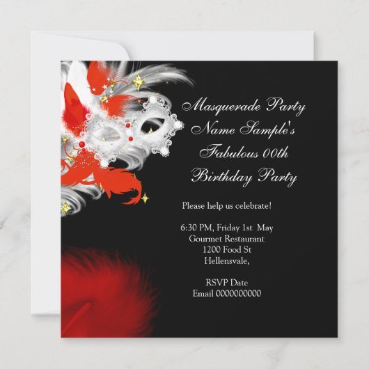Masquerade Party Birthday Red Mask Black White 2 Kaart (Achterkant)