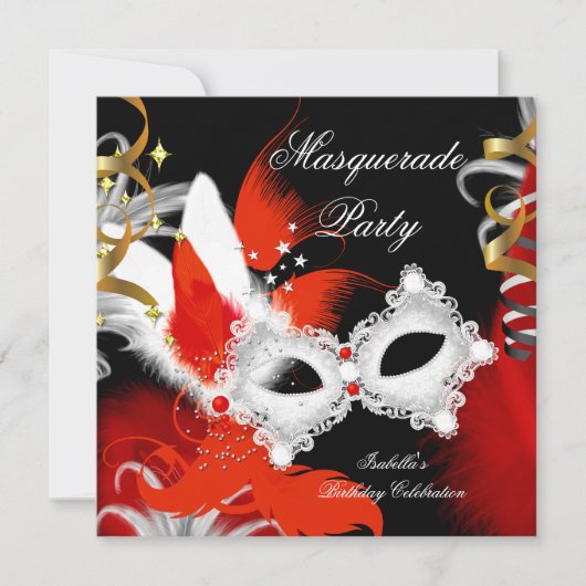 Masquerade Party Birthday Red Mask Black White 2 Kaart (Voorkant)