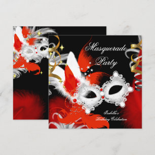 Masquerade Party Birthday Red Mask Black White 2 Kaart