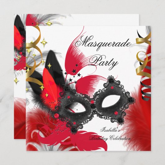 Masquerade Party Birthday Red Mask Black White Kaart (Voorkant / Achterkant)