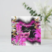 Masquerade Party Birthday roze zwart wit Kaart (Staand voorkant)