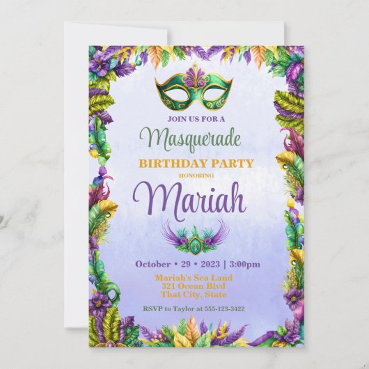 Masquerade Party Birthday Uitnodiging (Voorkant)