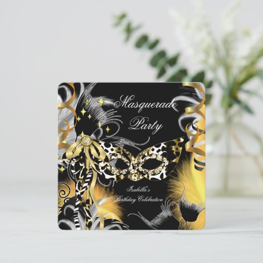 Masquerade Party Birthday Wild Mask Black Gold 3 Kaart (Staand voorkant)