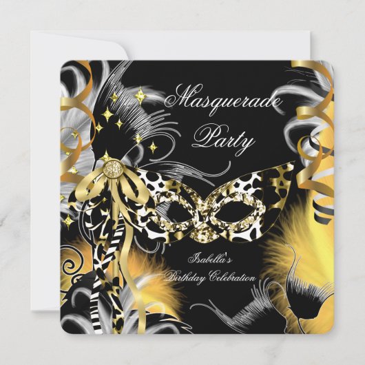 Masquerade Party Birthday Wild Mask Black Gold 3 Kaart (Voorkant)