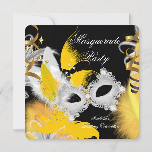 Masquerade Party Birthday Yellow Masker White Blac Kaart (Voorkant)