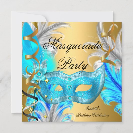 Masquerade Party Blauwgroen Blue Gold Kaart (Voorkant)