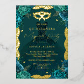 Masquerade Party Blauwgroen Floral Dress Quinceane Folie Uitnodiging (Voorkant)