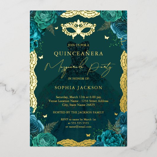 Masquerade Party Blauwgroen Floral Dress Quinceane Folie Uitnodiging (Voorkant)