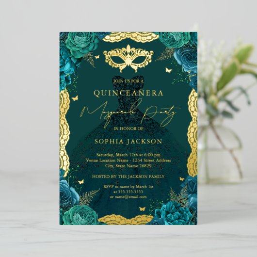 Masquerade Party Blauwgroen Floral Dress Quinceane Folie Uitnodiging (Staand Voorkant)