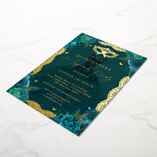 Masquerade Party Blauwgroen Floral Dress Quinceane Folie Uitnodiging (Gedraaid)
