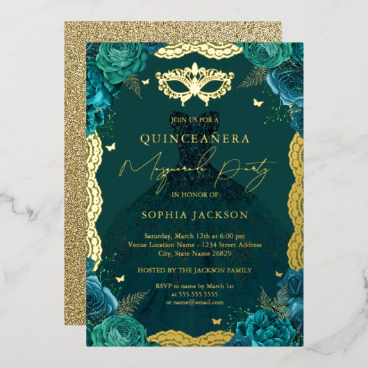 Masquerade Party Blauwgroen Floral Dress Quinceane Folie Uitnodiging (Voorkant / Achterkant)