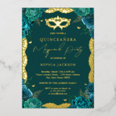 Masquerade Party Blauwgroen Floral Lace Quinceaner Folie Uitnodiging (Voorkant)