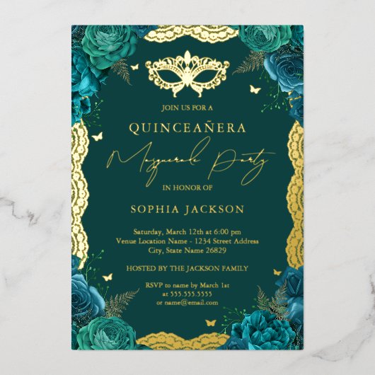 Masquerade Party Blauwgroen Floral Lace Quinceaner Folie Uitnodiging (Voorkant)