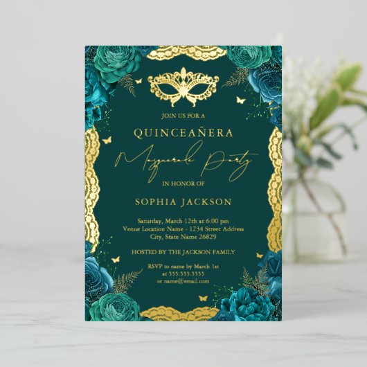 Masquerade Party Blauwgroen Floral Lace Quinceaner Folie Uitnodiging (Staand Voorkant)