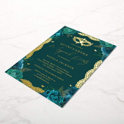 Masquerade Party Blauwgroen Floral Lace Quinceaner Folie Uitnodiging (Gedraaid)
