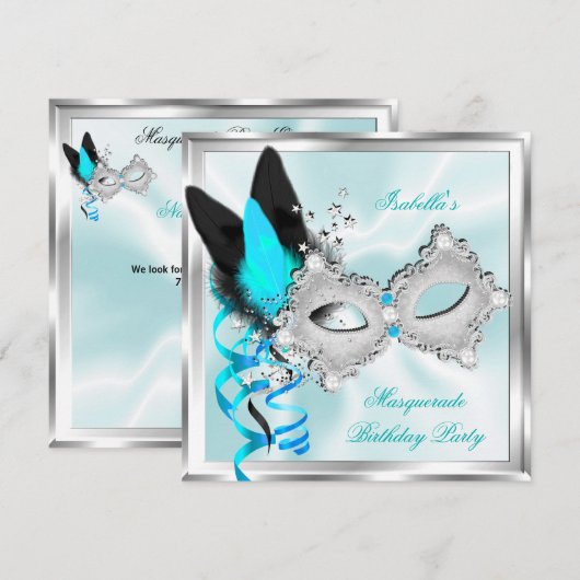 Masquerade Party Blauwgroen Silver Black Masker Kaart (Voorkant / Achterkant)