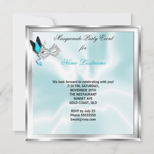 Masquerade Party Blauwgroen Silver Black Masker Kaart (Achterkant)