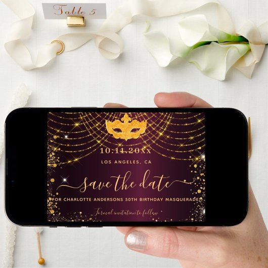 Masquerade party burgundy gold glitter sparkles save the date