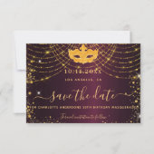 Masquerade party burgundy gold glitter sparkles save the date (Voorkant)