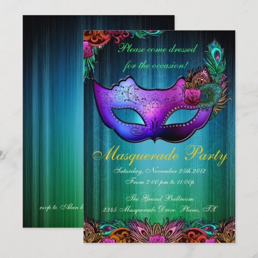 Masquerade Party Celebration Peacock Uitnodiging (Voorkant / Achterkant)