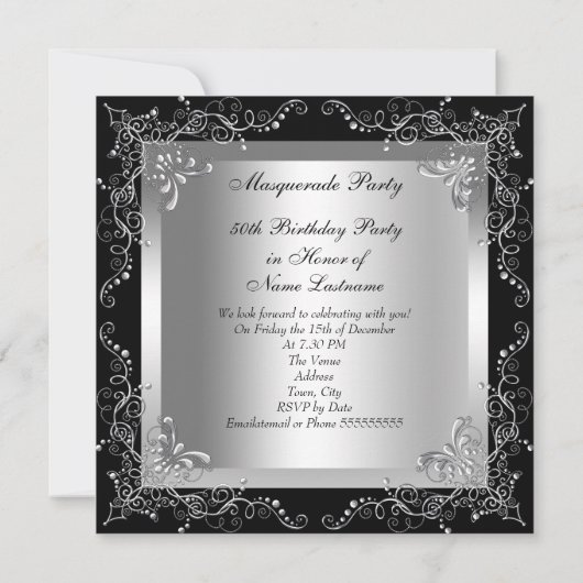Masquerade Party Fabulous 50 Birthday Silver Kaart (Achterkant)