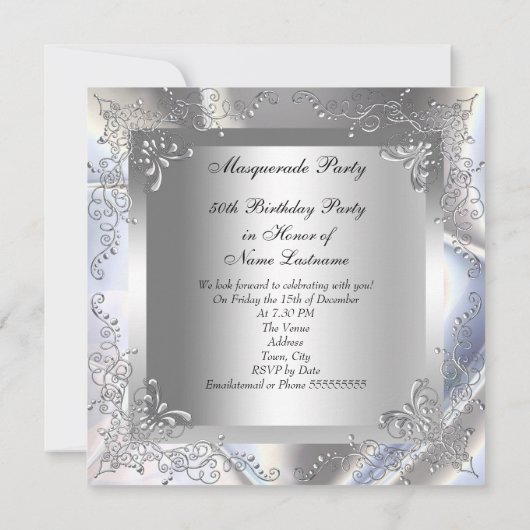 Masquerade Party Fabulous 50 Birthday Silver Kaart (Achterkant)