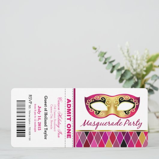 Masquerade Party geeft één kaartje toe | fuschia Kaart (Staand voorkant)