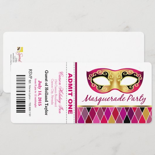 Masquerade Party geeft één kaartje toe | fuschia Kaart (Voorkant / Achterkant)
