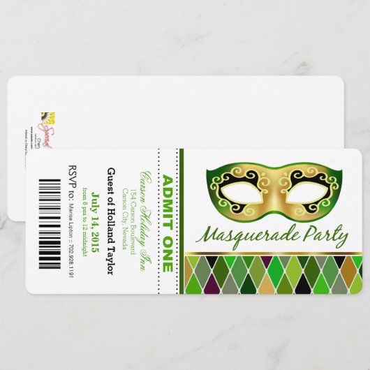 Masquerade Party geeft één kaartje toe | groen Kaart (Voorkant / Achterkant)