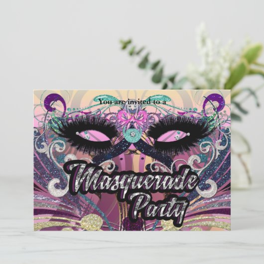 Masquerade Party Glam Wimpers Masker Uitnodiging (Staand voorkant)