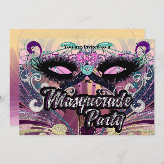 Masquerade Party Glam Wimpers Masker Uitnodiging (Voorkant / Achterkant)