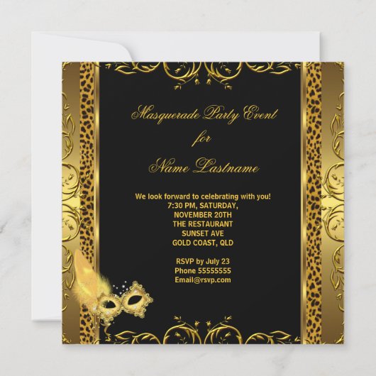 Masquerade Party Gold Black Leopard Mask Kaart (Achterkant)