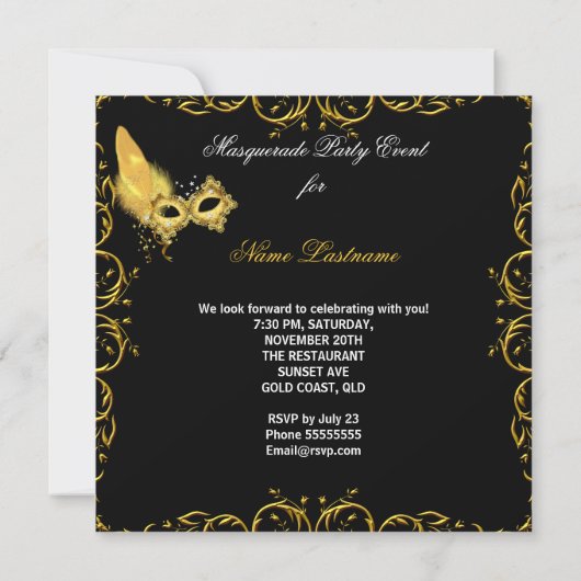 Masquerade Party Gold Black Yellow Masker Kaart (Achterkant)