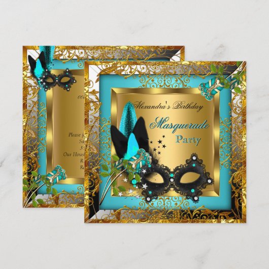 Masquerade Party Gold Blauwgroen Black Mask Roos Kaart (Voorkant / Achterkant)