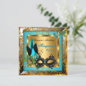 Masquerade Party Gold Blauwgroen Black Mask Roos Kaart (Staand voorkant)