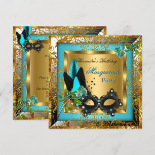 Masquerade Party Gold Blauwgroen Black Mask Roos Kaart