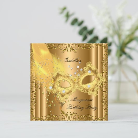 Masquerade Party Gold Bronze Yellow Masker Kaart (Staand voorkant)