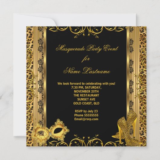 Masquerade Party Gold Leopard Masker High Heels 2 Kaart (Achterkant)