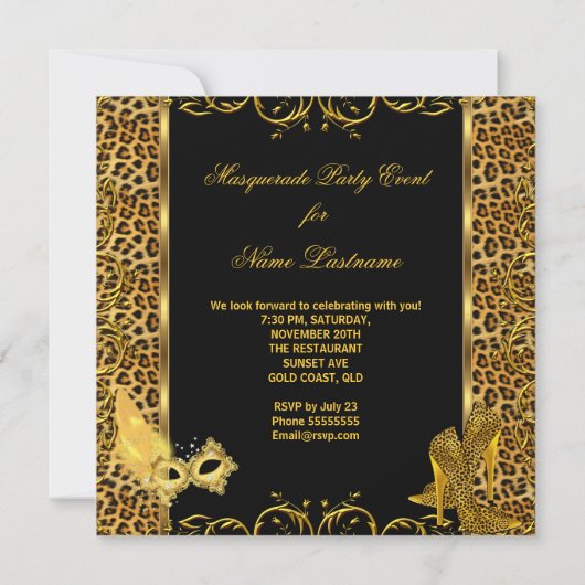 Masquerade Party Gold Leopard Masker High Hiel Sho Kaart (Achterkant)