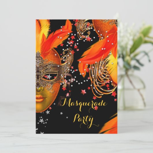 Masquerade Party Gold Yellow Oranje Black maskers Kaart (Staand voorkant)