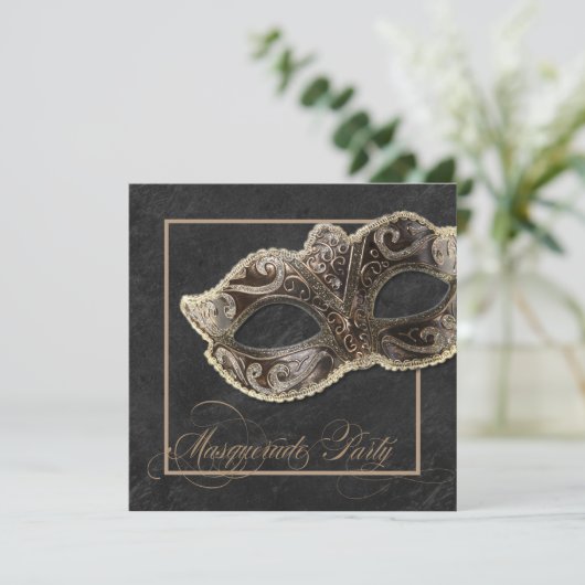 Masquerade Party Invitation - Bronze, goud en zwar Kaart (Staand voorkant)