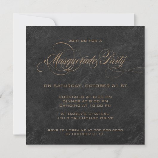 Masquerade Party Invitation - Bronze, goud en zwar Kaart (Achterkant)