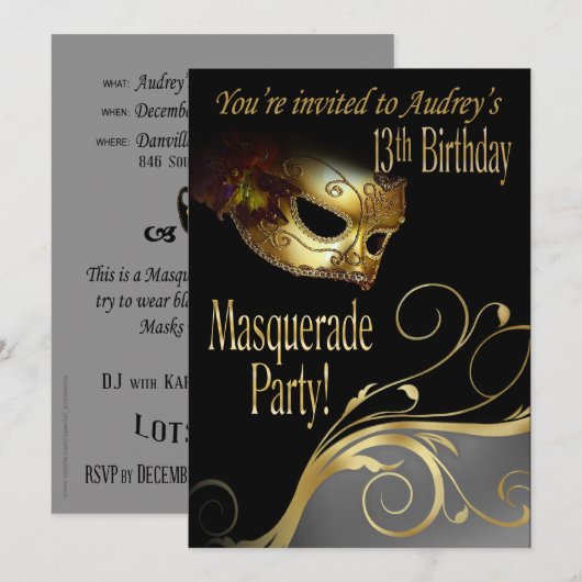 Masquerade Party Invitation for Audrey Kaart (Voorkant / Achterkant)