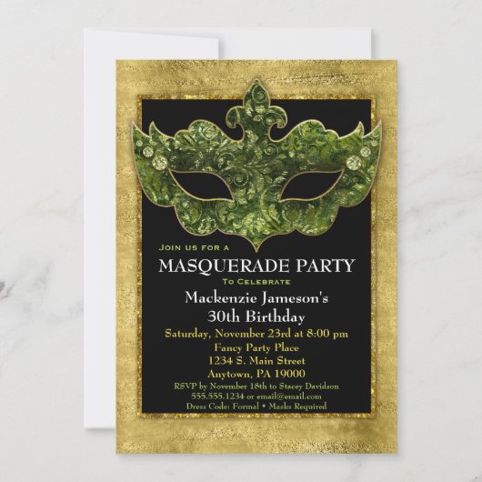 Masquerade Party Invitation Gold Green Birthday Kaart (Voorkant)