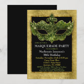 Masquerade Party Invitation Gold Green Birthday Kaart (Voorkant / Achterkant)