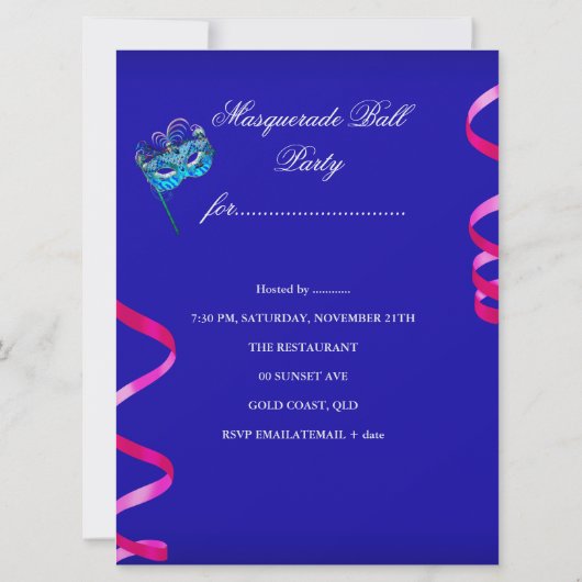 Masquerade Party Mask Blauw Blauwgroen Roze Metall Kaart (Achterkant)